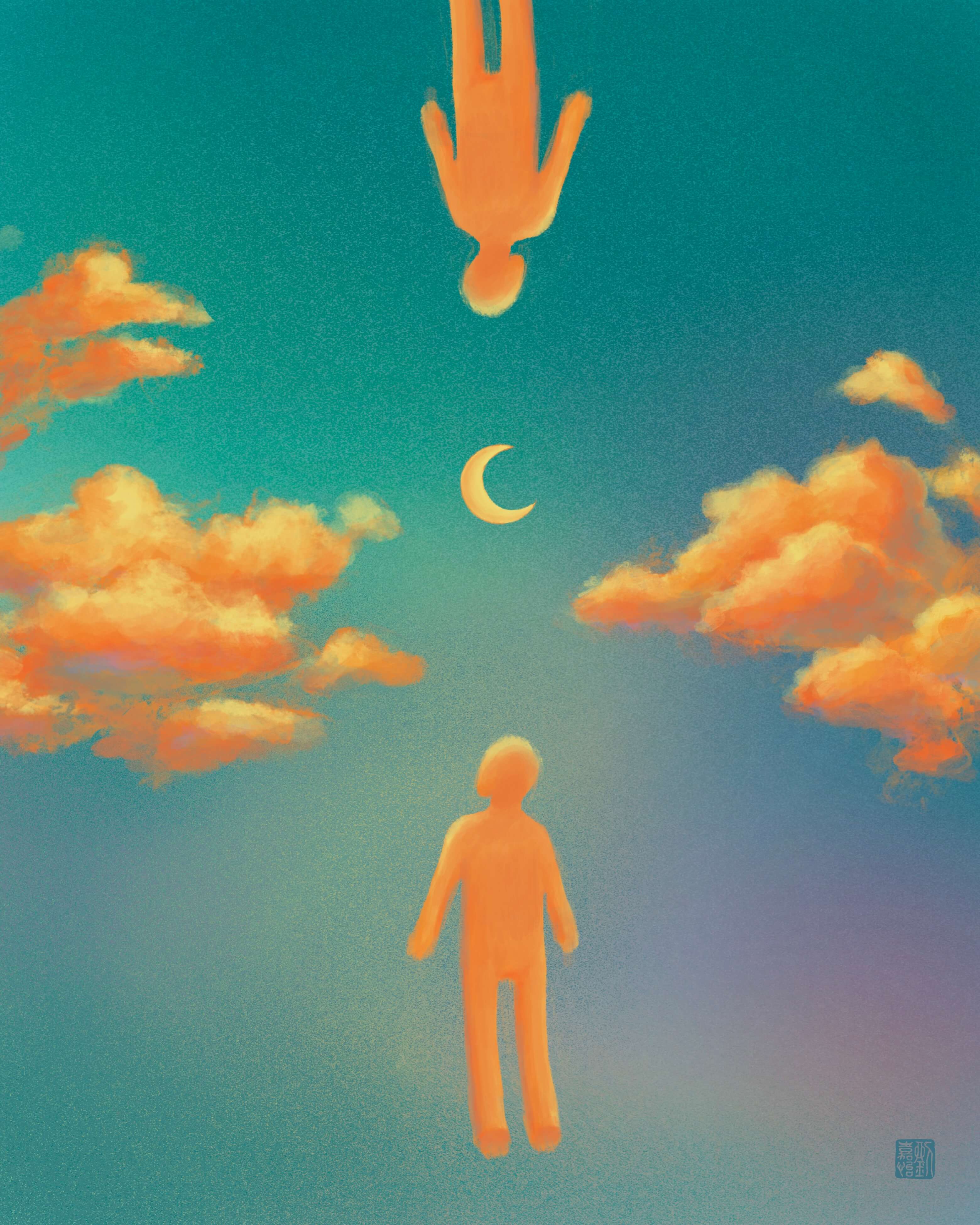 Illustration of an orange figure looking into the sky at a mirror image of themselves.