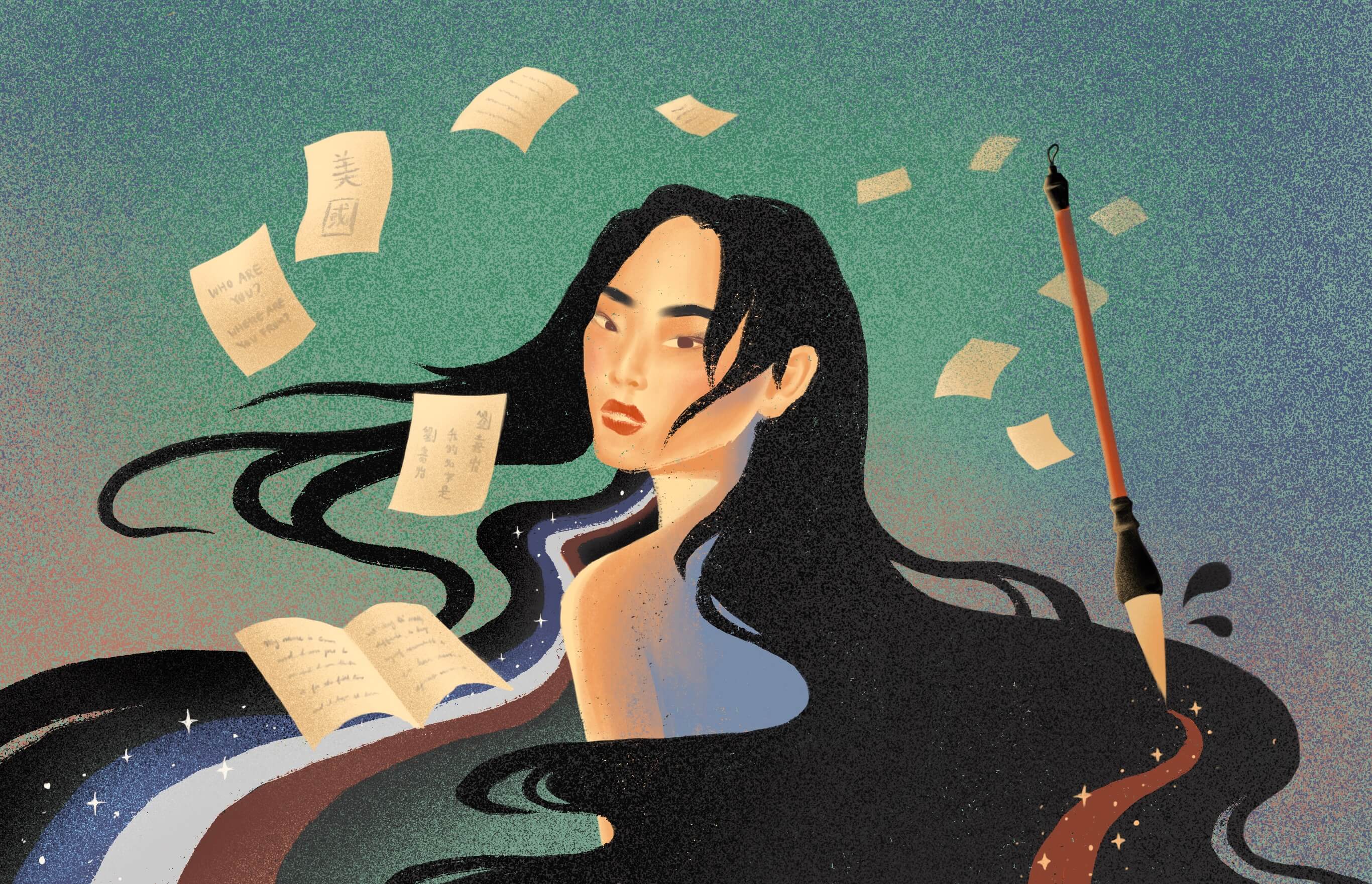 Illustration of an Asian-American woman surrounded by calligraphy and whose hair is being painted by a calligraphy brush.