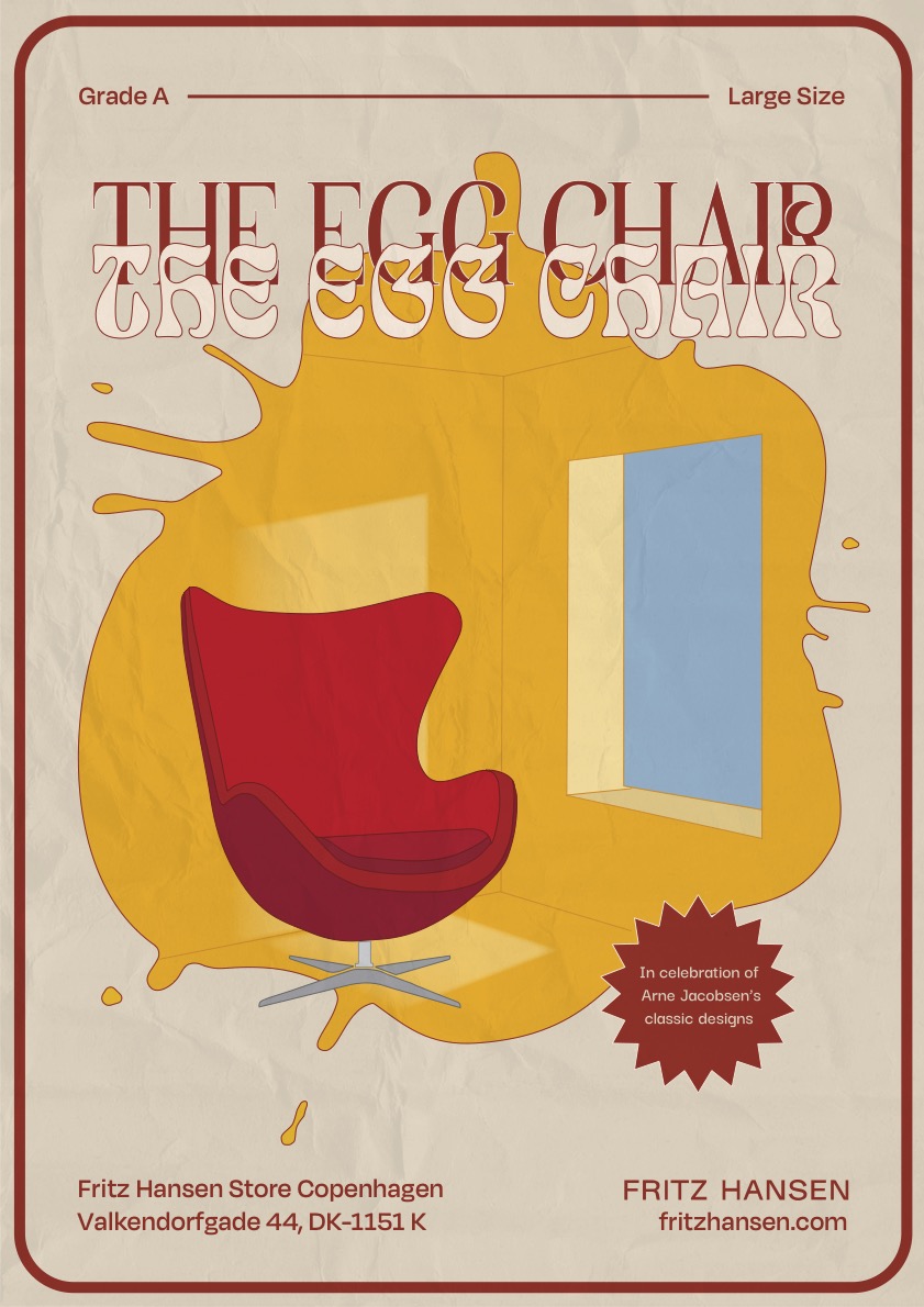 An egg-themed poster advertising a showcase for a chair at the Fritz Hansen store in Copenhagen.