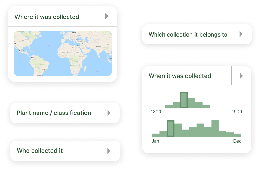 Mockups of possible filters, such as location, classification, collection time, etc.