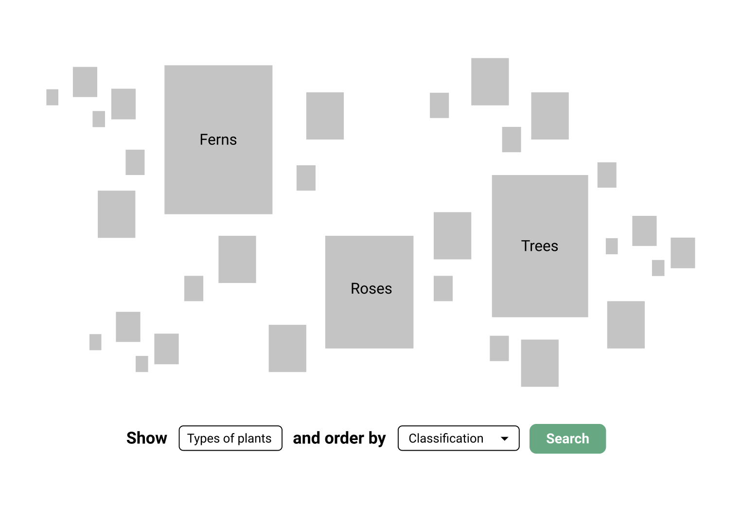 A low-fidelity prototype of a gallery-like interface with plant images scattered across the screen.