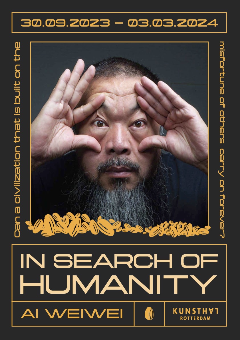 A poster for an Ai Wei Wei exhibition with him peeling his eyes wide open.