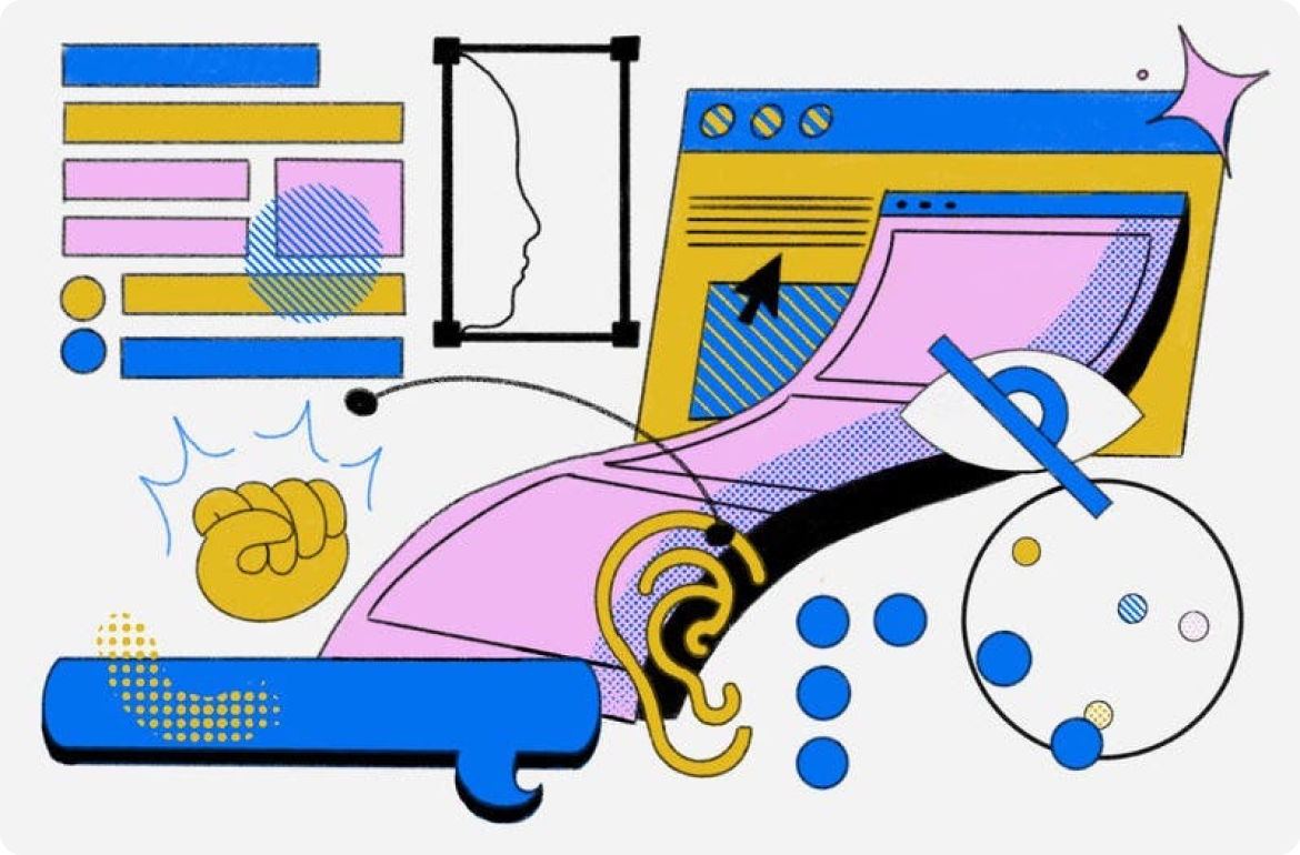 An abstract illustration of various concepts related to product equity, such as an eye with a cross through it.