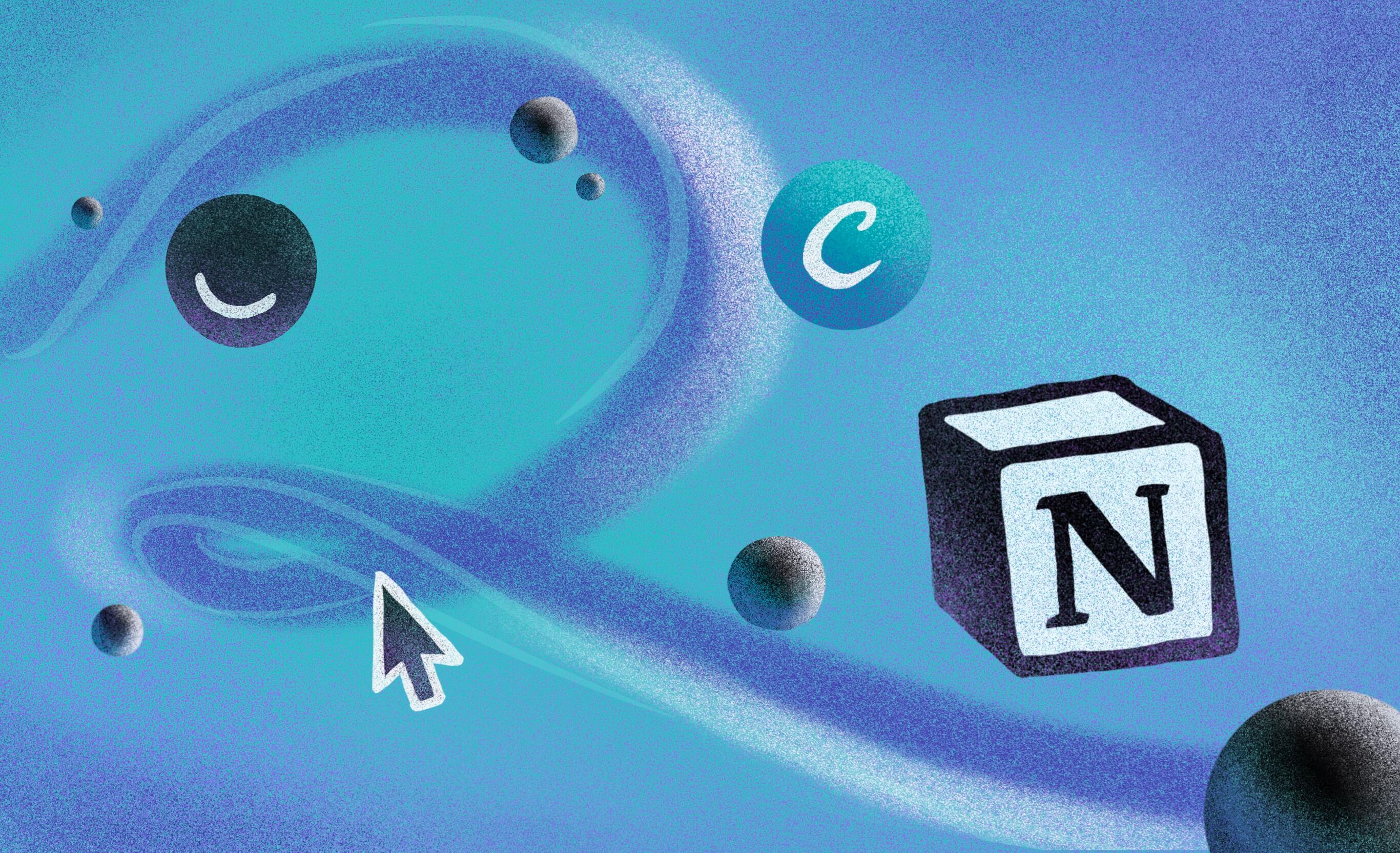 Illustration of a Mac cursor surrounded by the icons of various productivity apps, such as Notion.