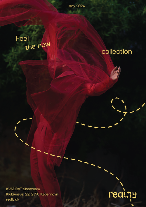 A poster advertising a showcase for the company Really, featuring a model in flowing red garments.