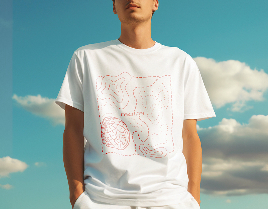 A model wearing a t-shirt designed for the company Really, depicting topographical contours.