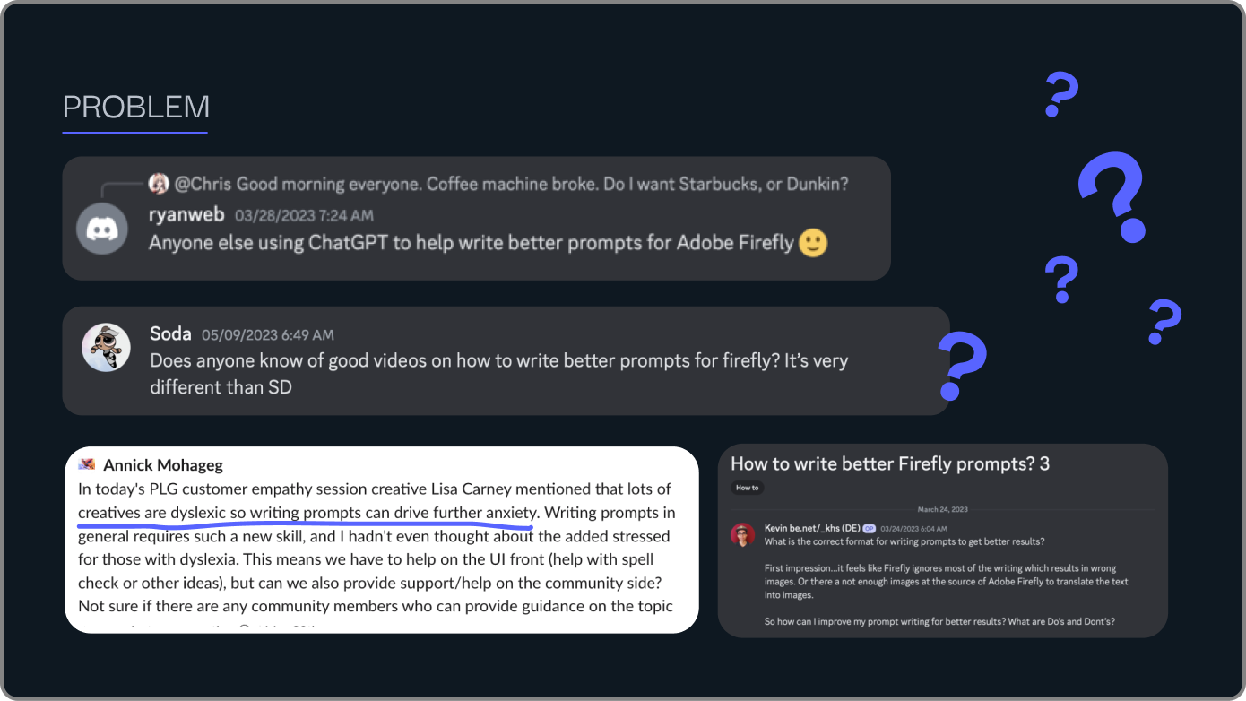 Screenshots of conversations with Firefly users where the users are confused on how to write good prompts.